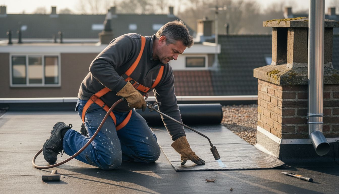 In Breda legt een dakdekker de laatste hand aan een bitumen dak.