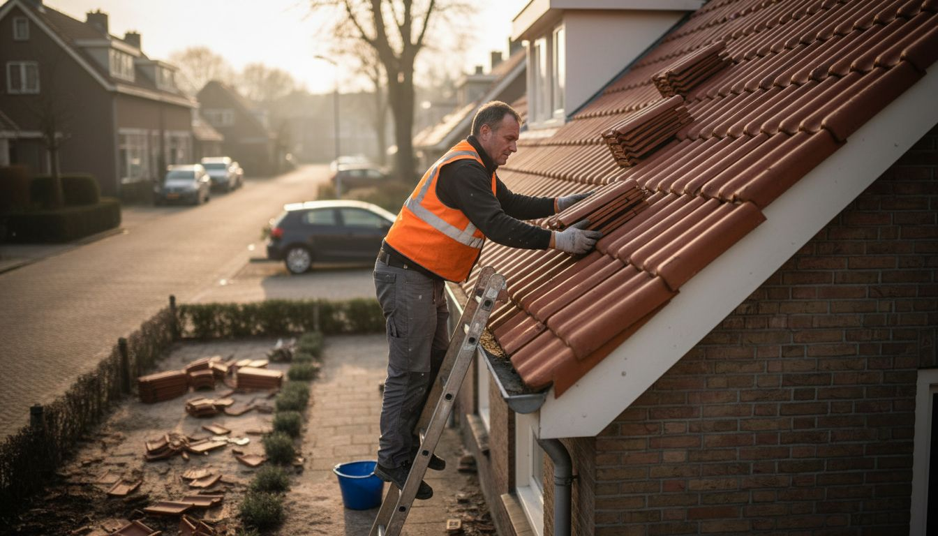 Een man is buiten bezig met het renoveren van het dak van zijn huis.