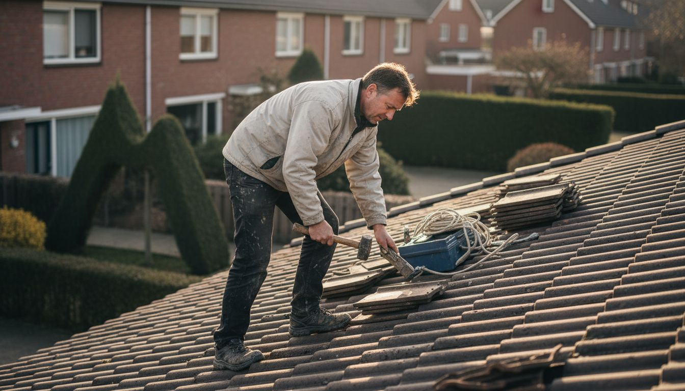 Een ervaren dakdekker is aan het werk op een dak in Breda.