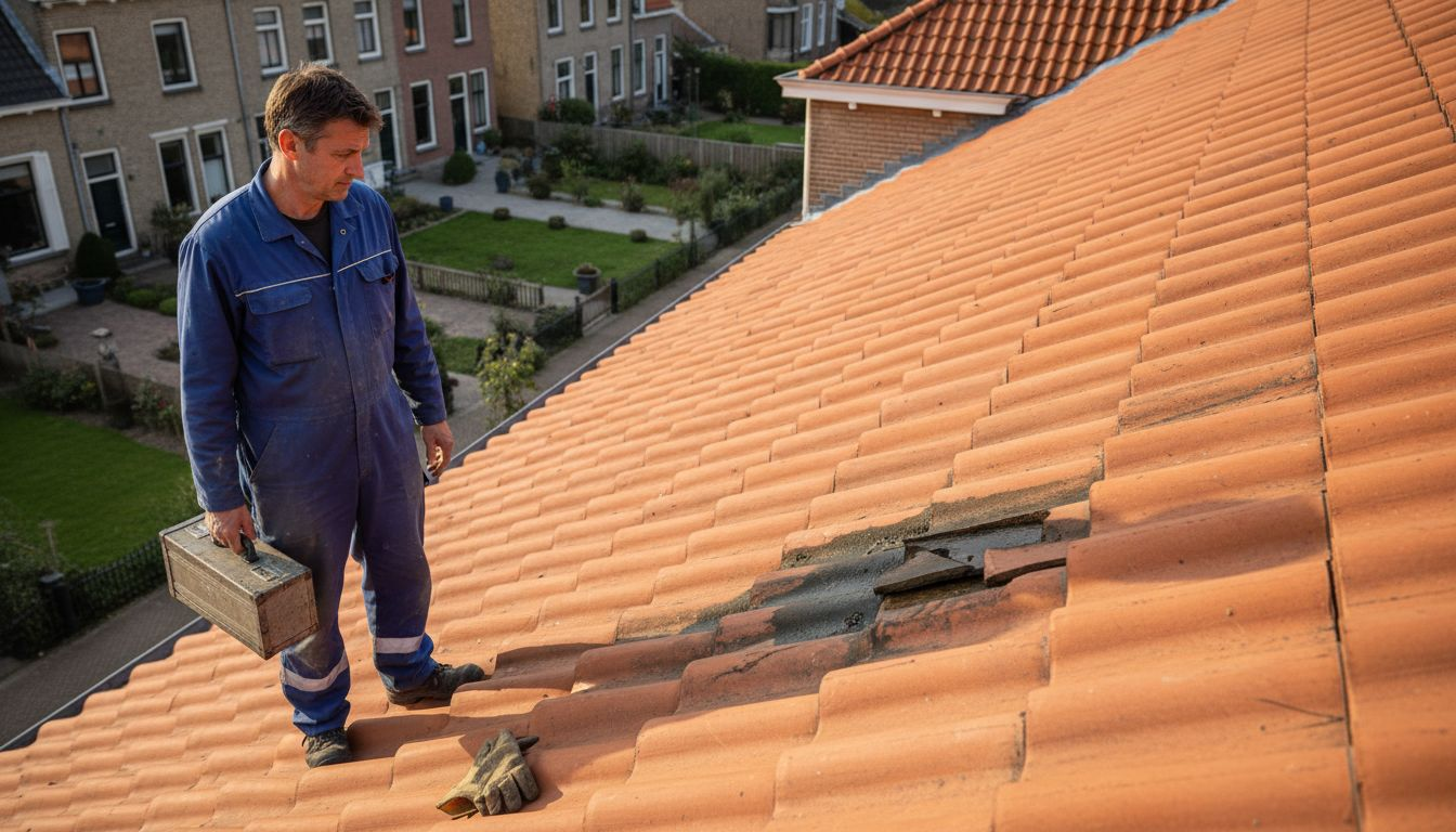 Dakdekker onderzoekt lekkage aan pannendak in Breda