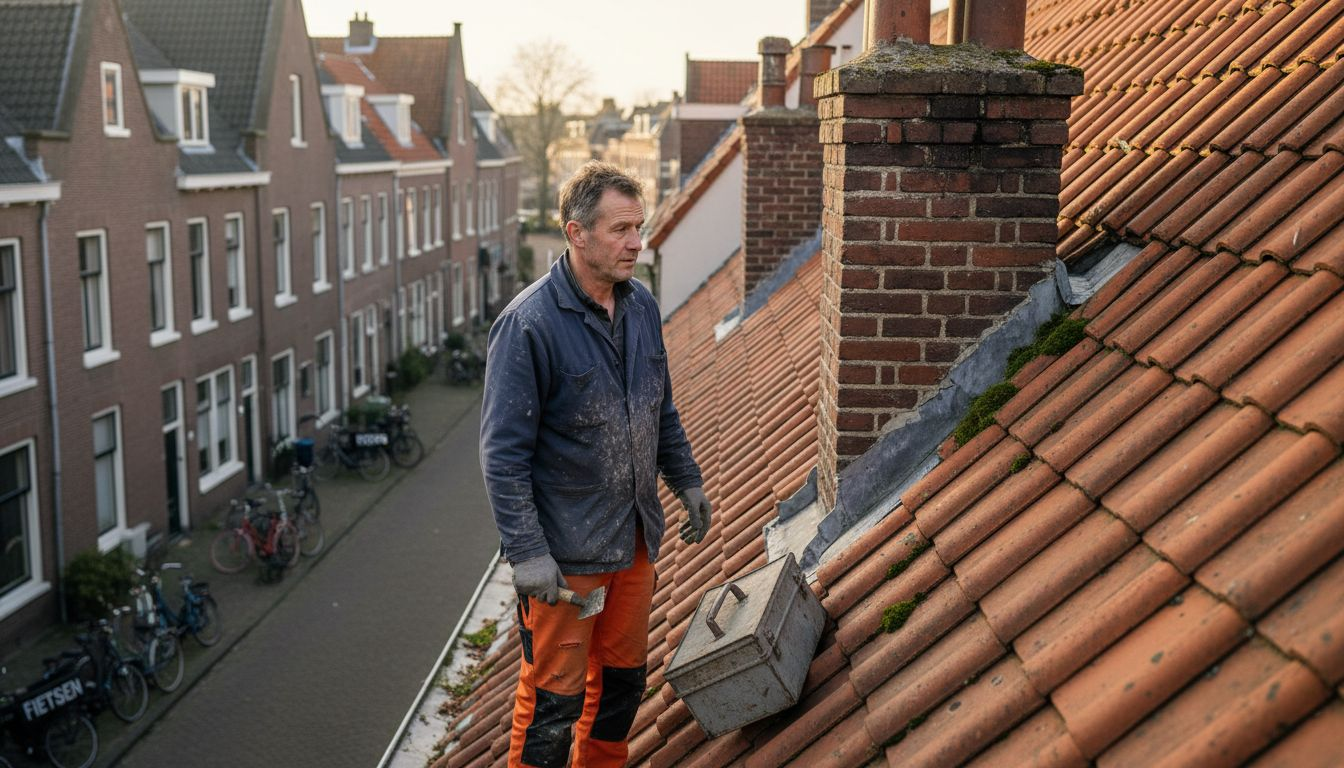 In het zachte ochtendlicht bekijkt een dakdekker het pannendak van een woning in Breda zorgvuldig.