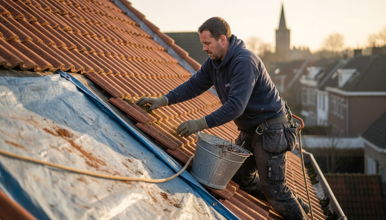 Een dakdekker is bezig met het leggen van dakpannen op een woning in Breda.