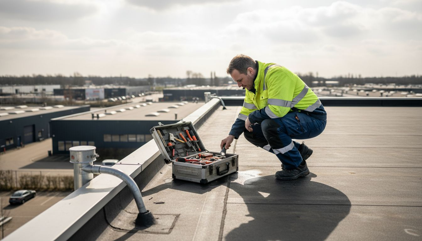 Een dakdekker voert een grondige inspectie uit op het dak van een bedrijfsgebouw.