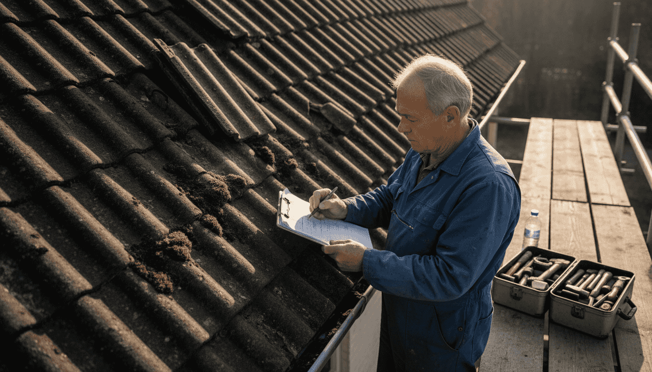 Een ervaren dakdekker controleert het pannendak vanaf de steiger.