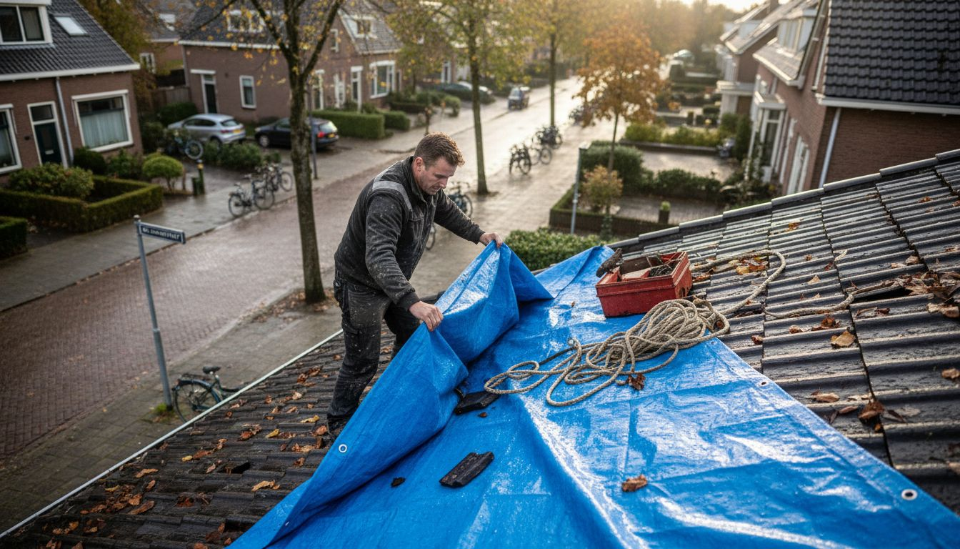 Een dakdekker legt een zeil over een lekkend dak in Breda om verdere waterschade te voorkomen.