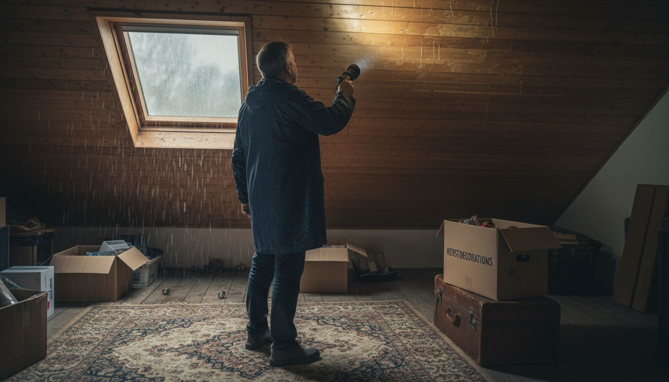Tijdens een flinke regenbui controleert de woningeigenaar de zolder op lekkages.