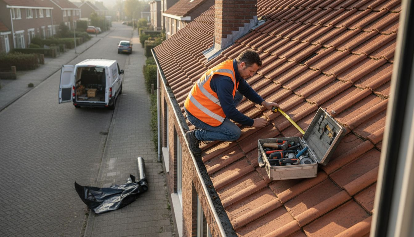Een dakdekker inspecteert de dakpannen van een huis in Breda.