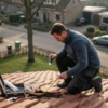 Een dakdekker controleert het pannendak van een huis op eventuele gebreken.