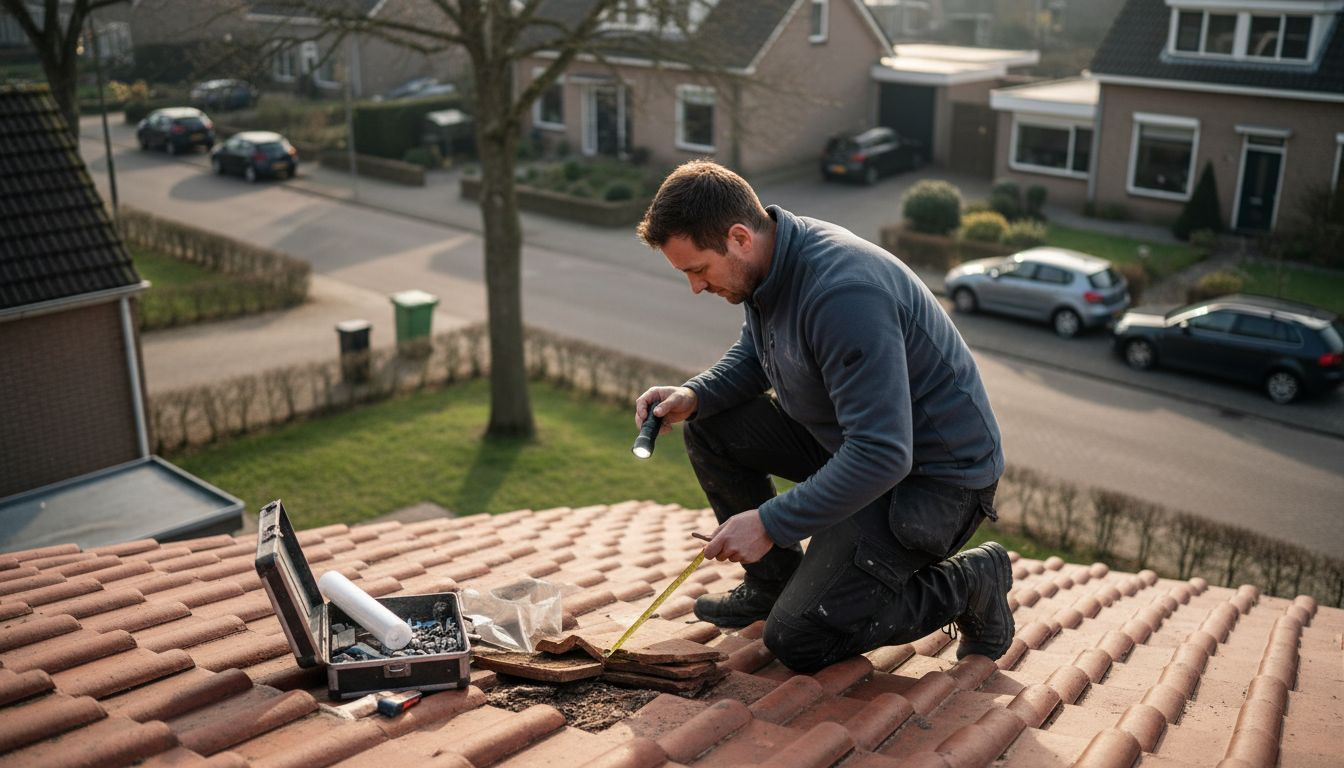Een dakdekker controleert het pannendak van een huis op eventuele gebreken.