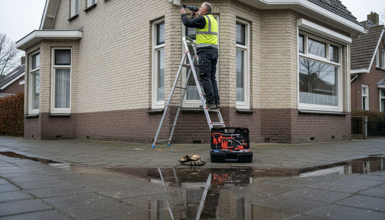 Een vakman monteert een nieuw boeideel aan de dakrand van een hoekwoning.