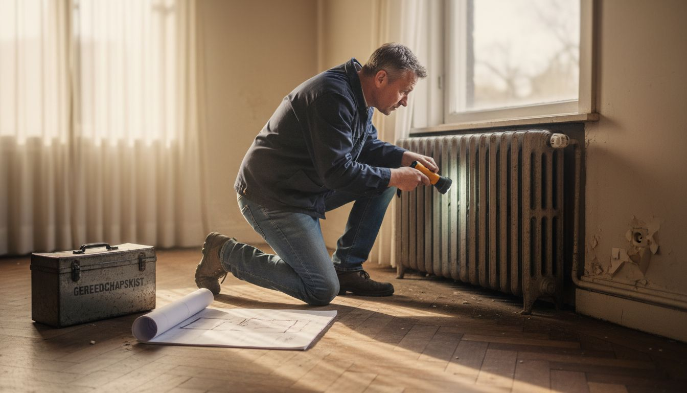 Een bouwkundig expert komt langs om de woning grondig te inspecteren voordat de renovatie van start gaat.