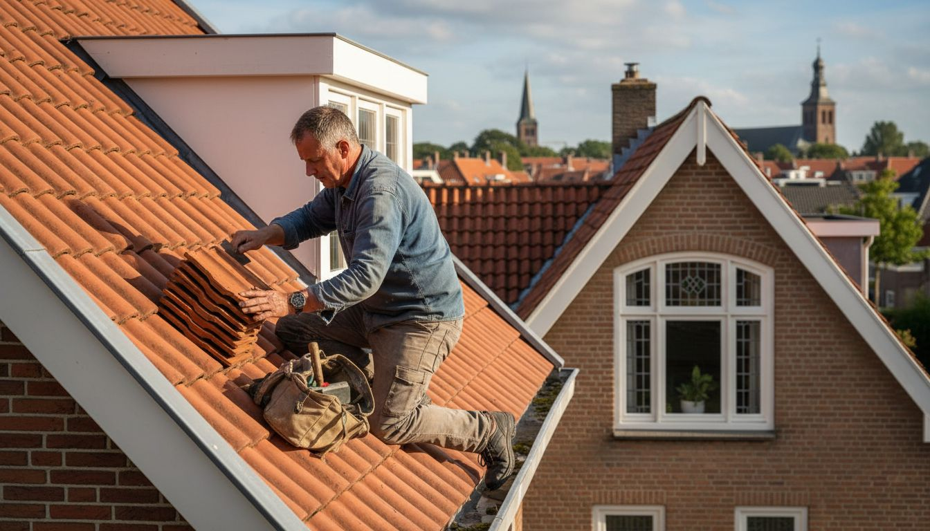 Een dakdekker is bezig met het leggen van dakpannen op een woning in Breda.