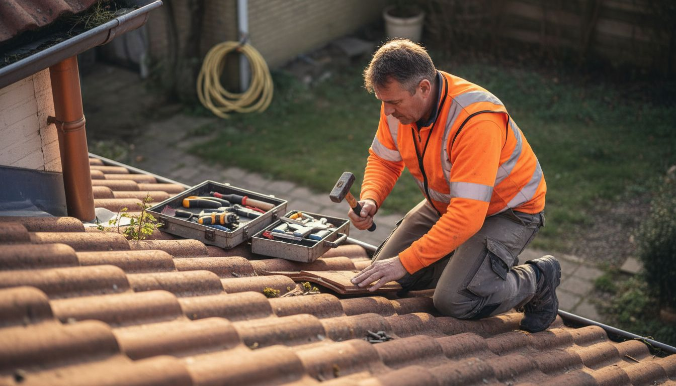 Een dakdekker is bezig met het herstellen van dakpannen op een rijtjeswoning.