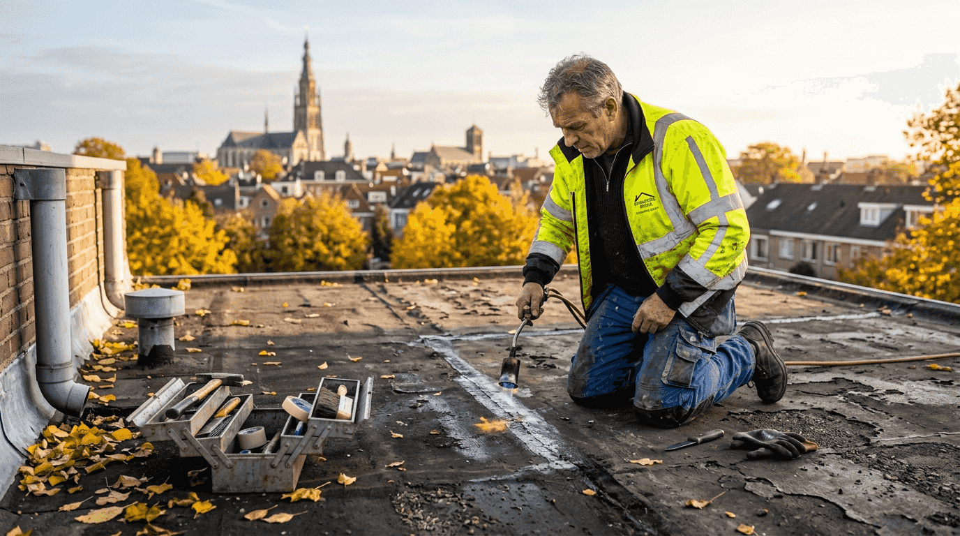 Een ervaren dakdekker neemt het platte dak in Breda grondig onder de loep.