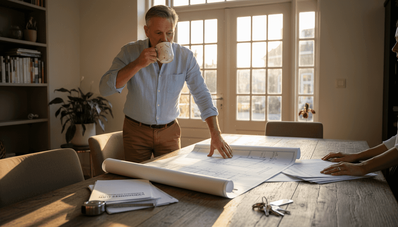 De architect en de huiseigenaar overleggen samen over het stappenplan voor de aanbouw.