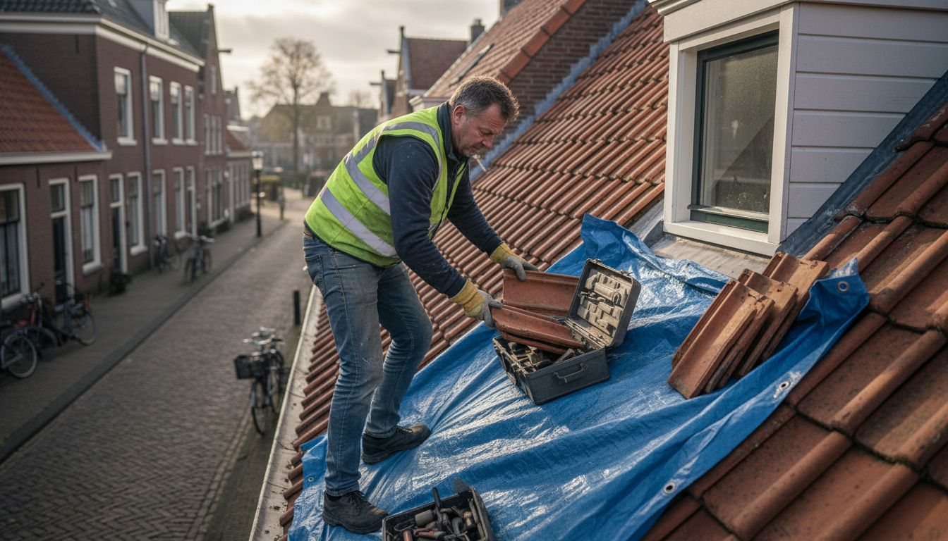 Een dakdekker is bezig met het verwijderen van dakpannen op een woning in Breda.