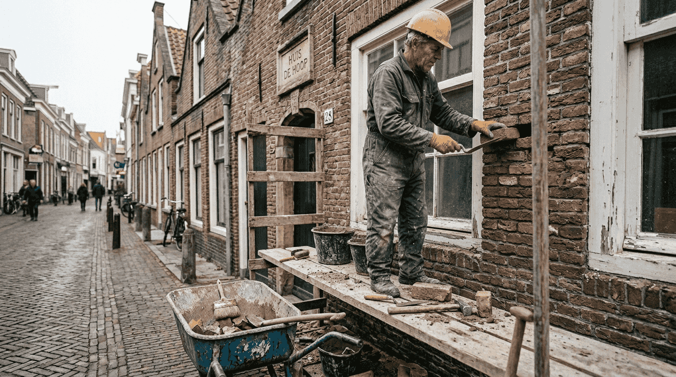 Een bouwvakker is bezig met het opknappen van de gevel van een typisch Nederlands huis.