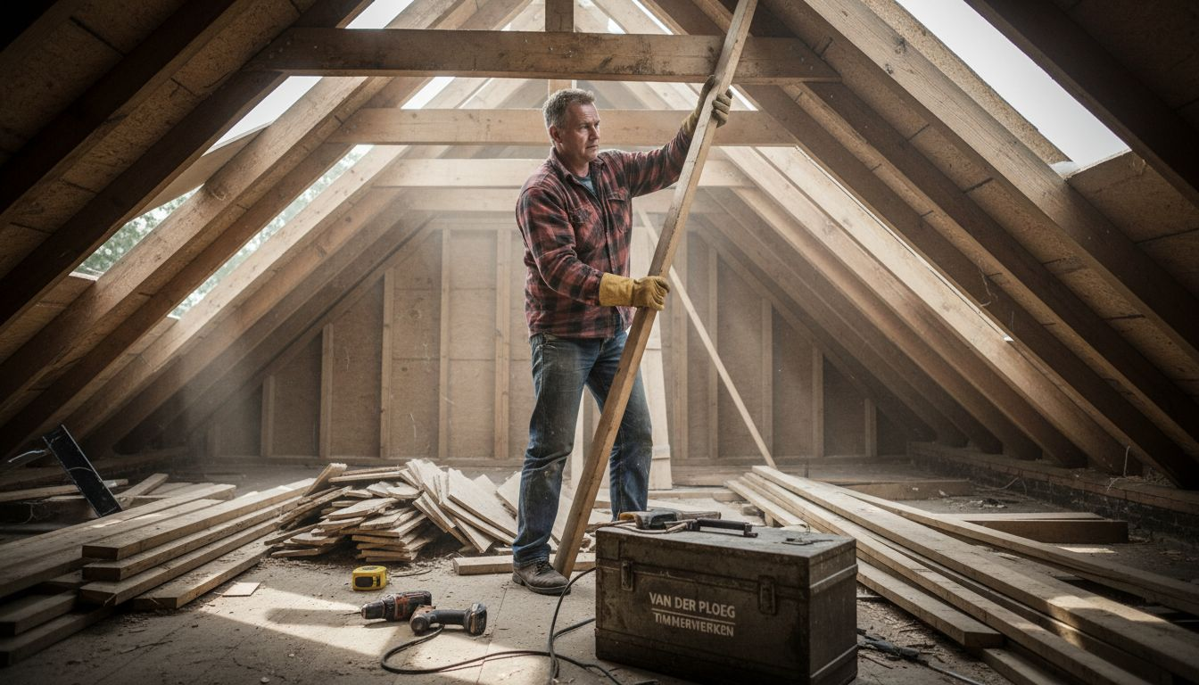 Een timmerman plaatst een draagbalk tijdens de renovatie van het dak.
