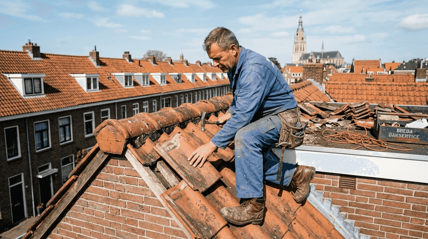 Een dakdekker controleert de staat van de dakpannen op een woning in Breda.