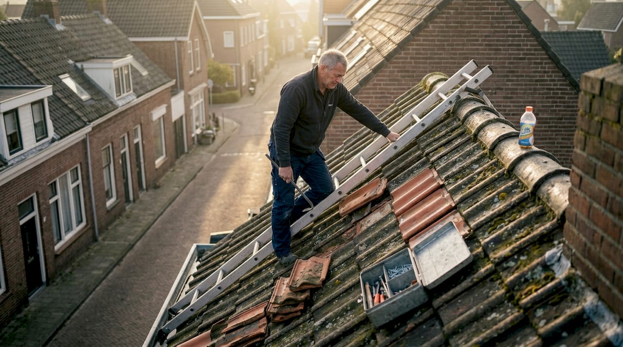 Op een dak in Breda worden de dakpannen vernieuwd door een ervaren dakdekker.