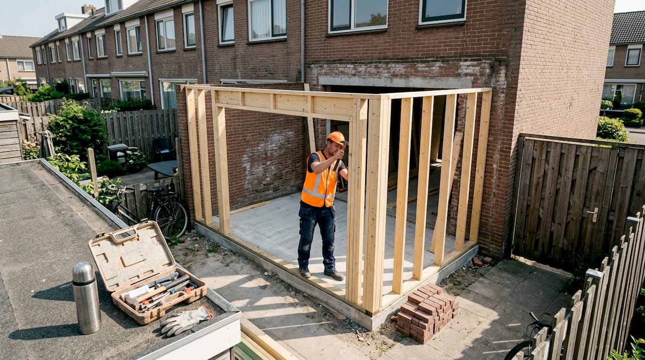Een bouwvakker is bezig met het realiseren van een uitbouw aan de achterzijde van een huis.