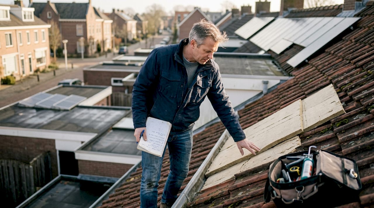 Een aannemer controleert de dakisolatie in Breda.