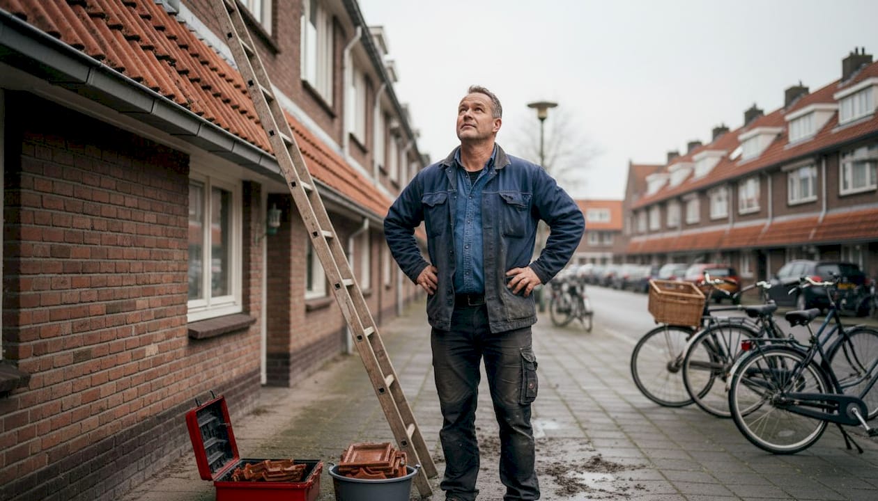 Bredase woningeigenaar bekijkt dak van zijn tussenwoning