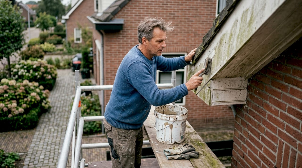 Een timmerman is bezig met het onderhouden van het houten boeiboord langs het dak, zodat het weer beschermd is tegen weersinvloeden.
