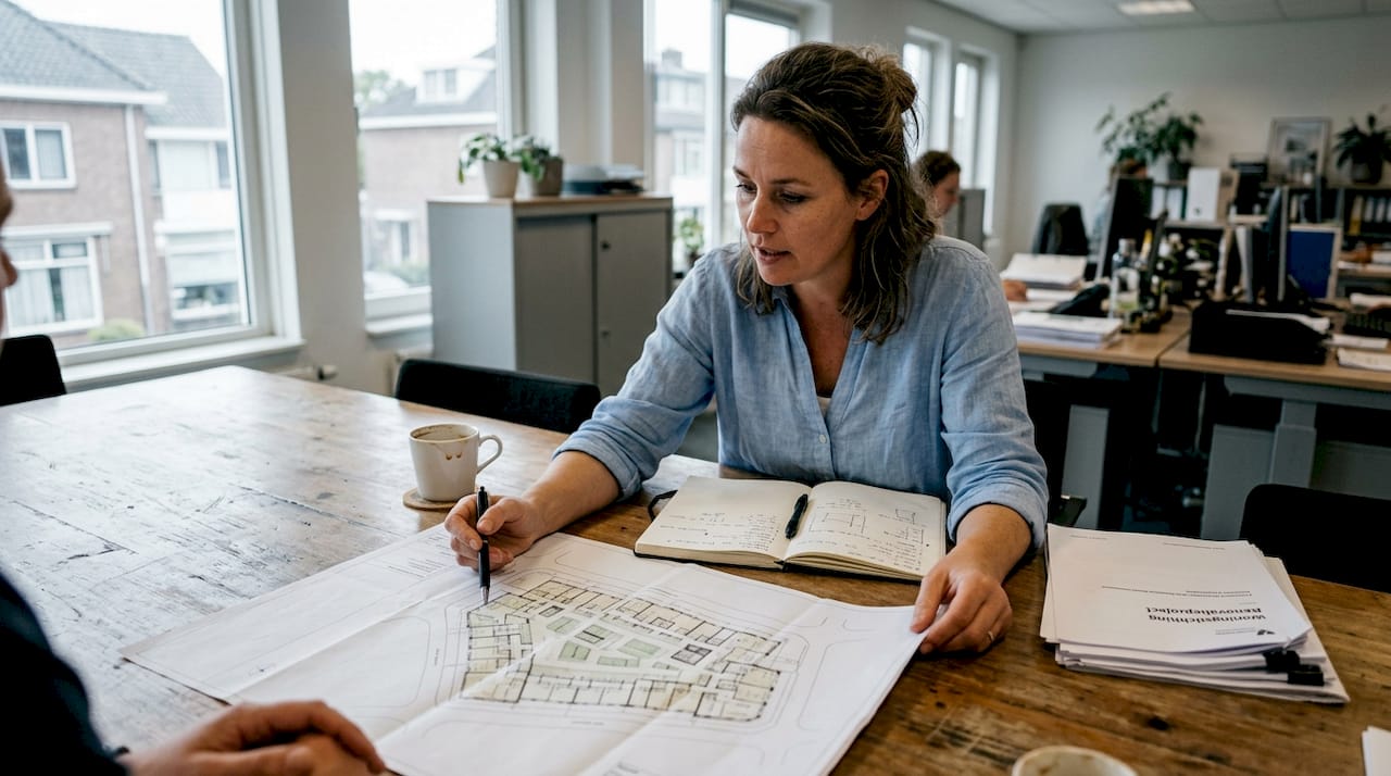 De projectleider bestudeert de bouwtekeningen aan de vergadertafel.