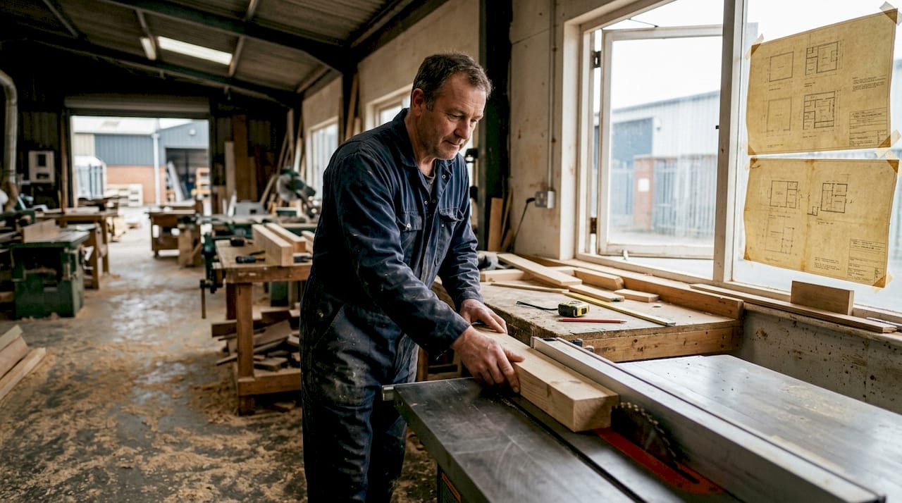 Een timmerman is binnen bezig met het maken van een houten dakconstructie.