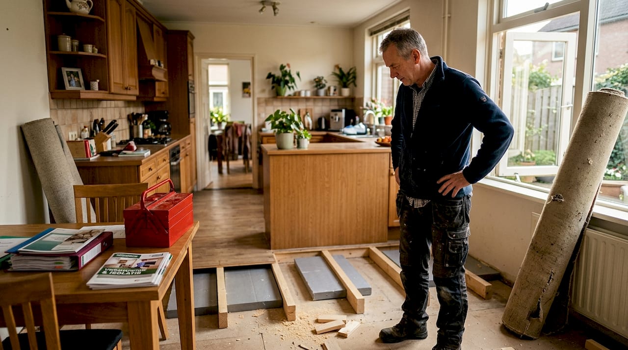 Man beoordeelt bouwmaterialen voor verbouwing van zijn huis