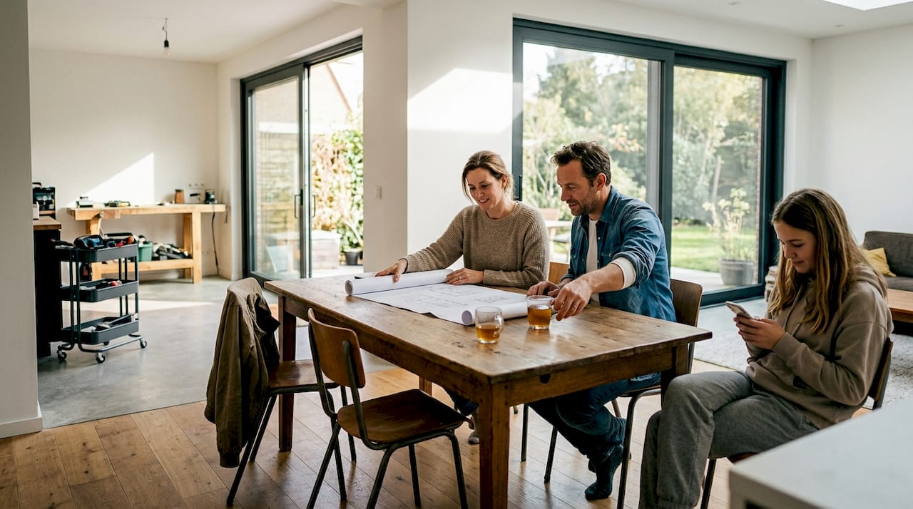 Terwijl het gezin aan tafel zit, kijken ze samen naar de werkzaamheden aan hun nieuwe aanbouw.