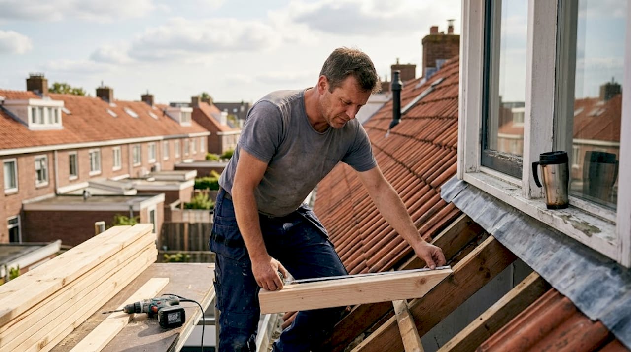 Een timmerman is bezig met het opmeten van balken tijdens een dakrenovatie.