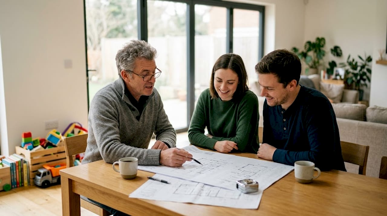 Een architect zit samen met een stel aan de keukentafel om de bouwplannen voor hun nieuwe huis door te nemen.