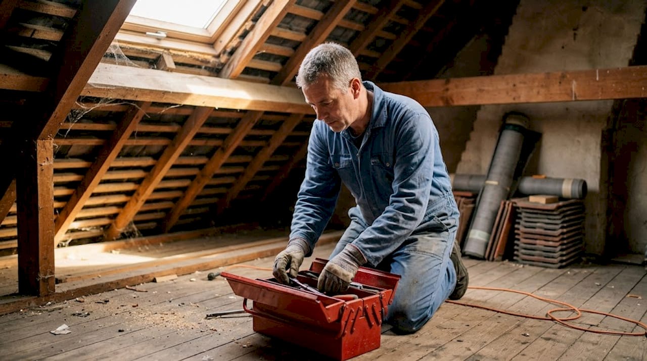 Een dakdekker controleert de dakconstructie van een woning in Breda.