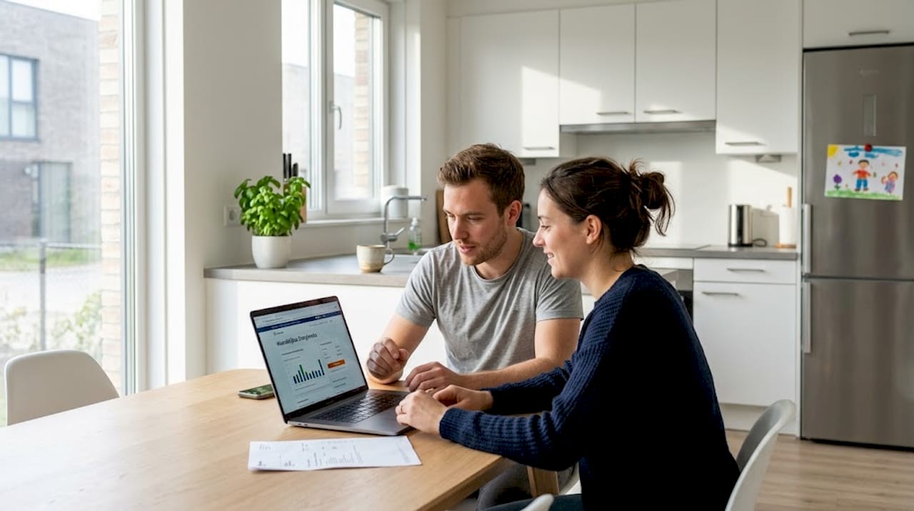 Stel bekijkt samen de energierekening in hun nieuwe woning