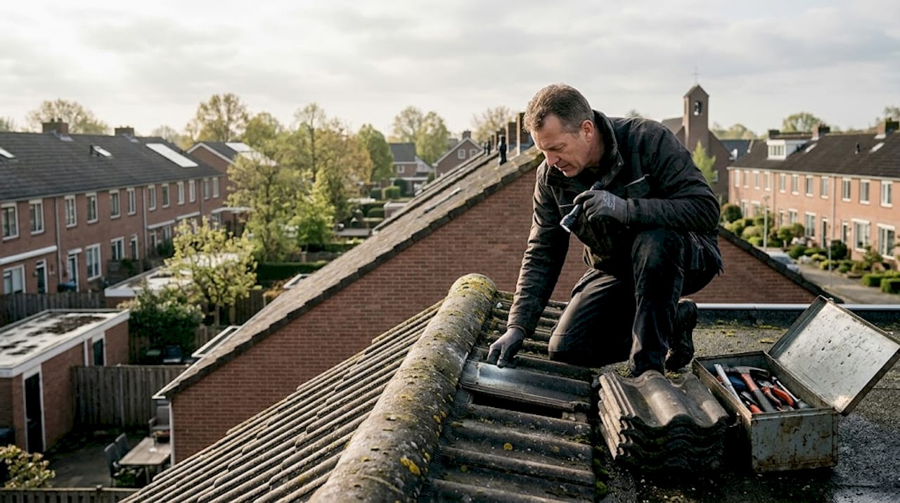 Man controleert dak van typisch Nederlands huis