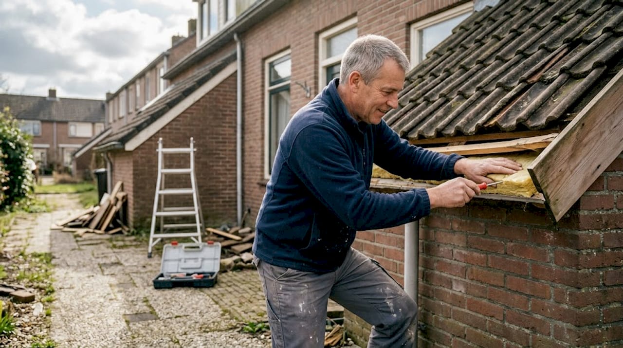 Een ervaren vakman brengt isolatie aan tijdens het vernieuwen van het dak.
