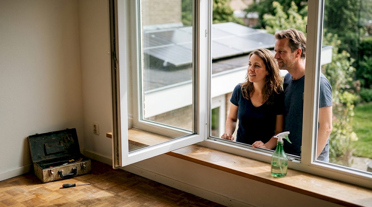 Het gezin neemt samen een kijkje bij de energiezuinige ramen in hun huis.