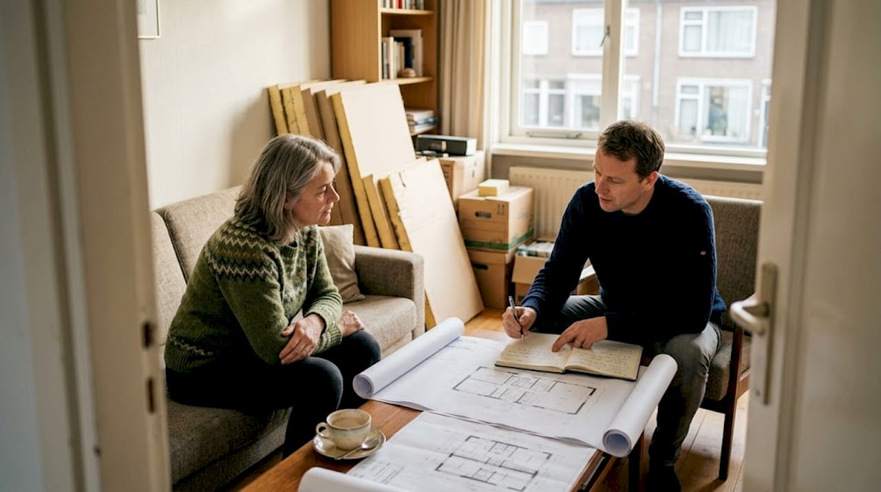 In de woonkamer bespreken de bewoners samen hun verbouwingsplannen.