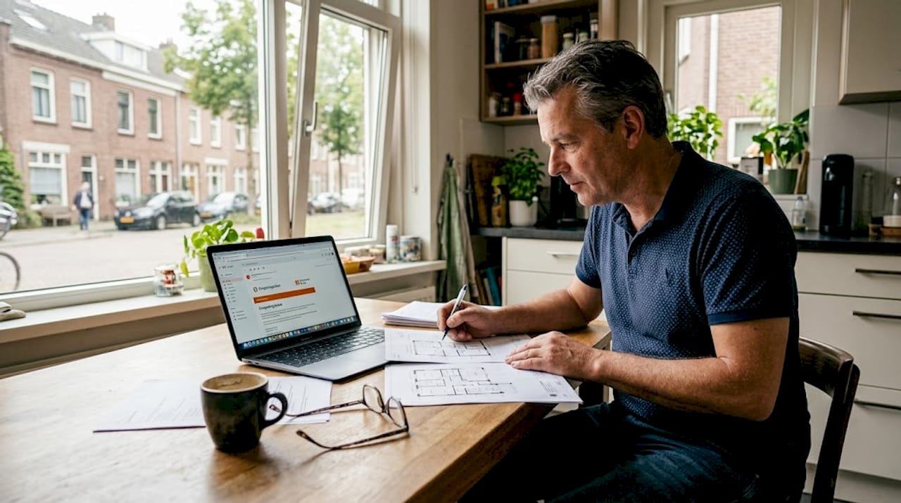 Een woningeigenaar zit aan de keukentafel verdiept in de bouwtekeningen.