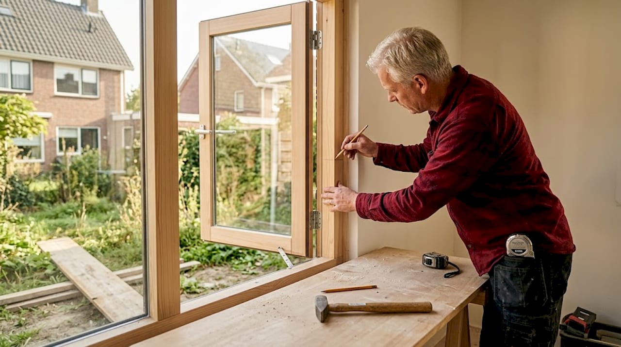 De timmerman zorgt met veel precisie voor het plaatsen van het kozijn in de woning.