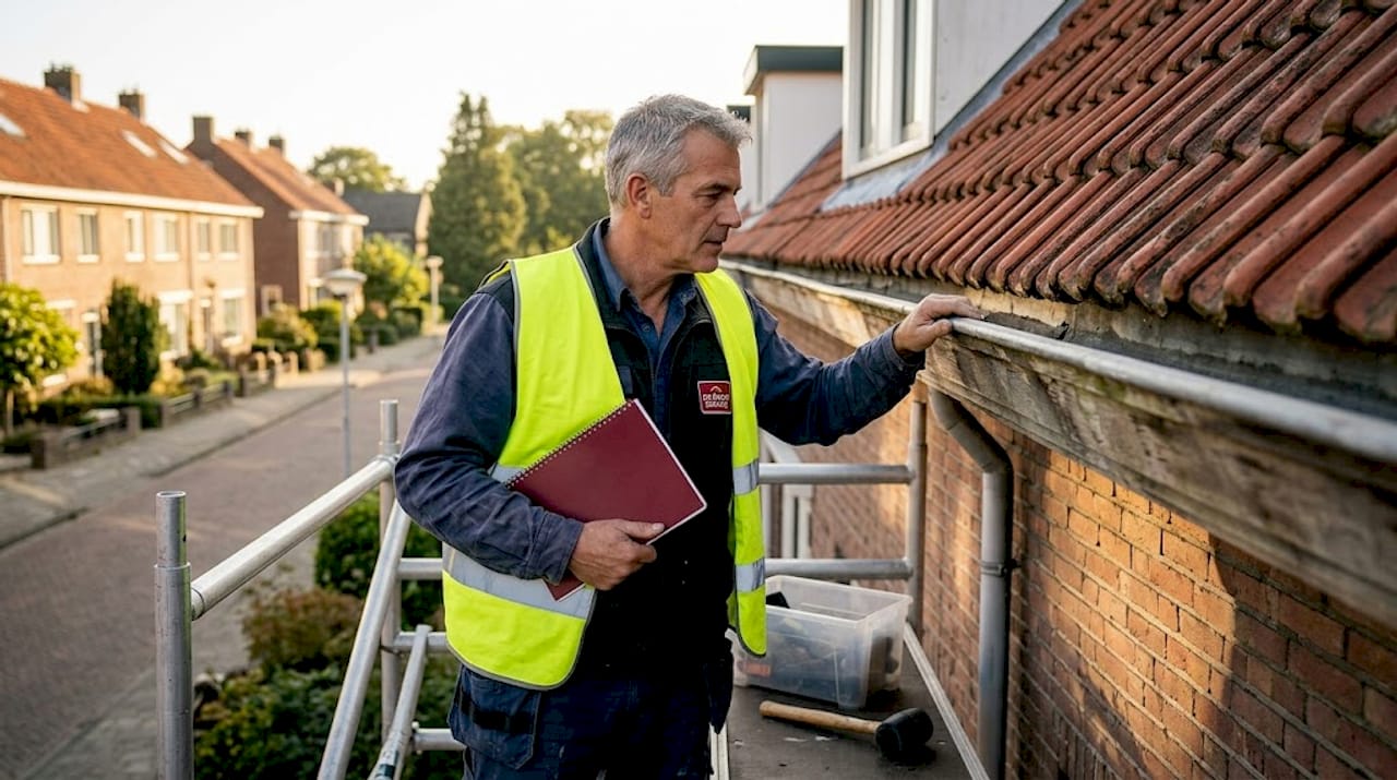Een bouwvakker controleert een oud dak en maakt aantekeningen in zijn notitieboekje.