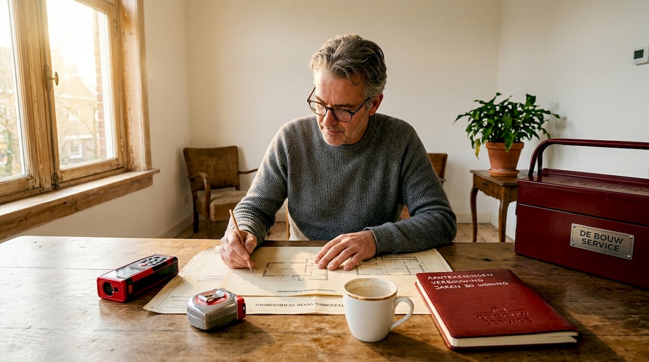 Een bouwkundig adviseur komt langs om samen met de bewoners de mogelijkheden voor het vernieuwen van het dak te bekijken.
