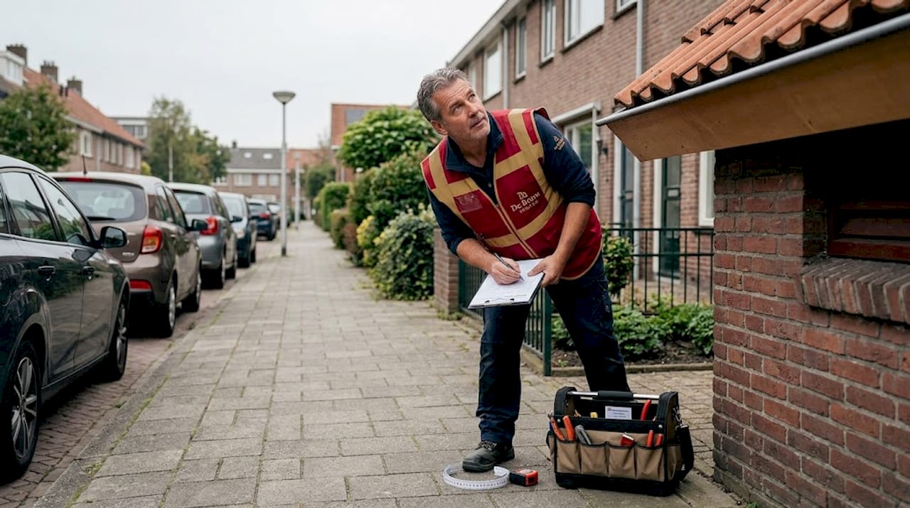 Een bouwkundig adviseur voert een dakinspectie uit bij een tussenwoning.