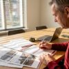 De huiseigenaar legt alle papieren voor de dakrenovatie overzichtelijk op tafel in de eetkamer.