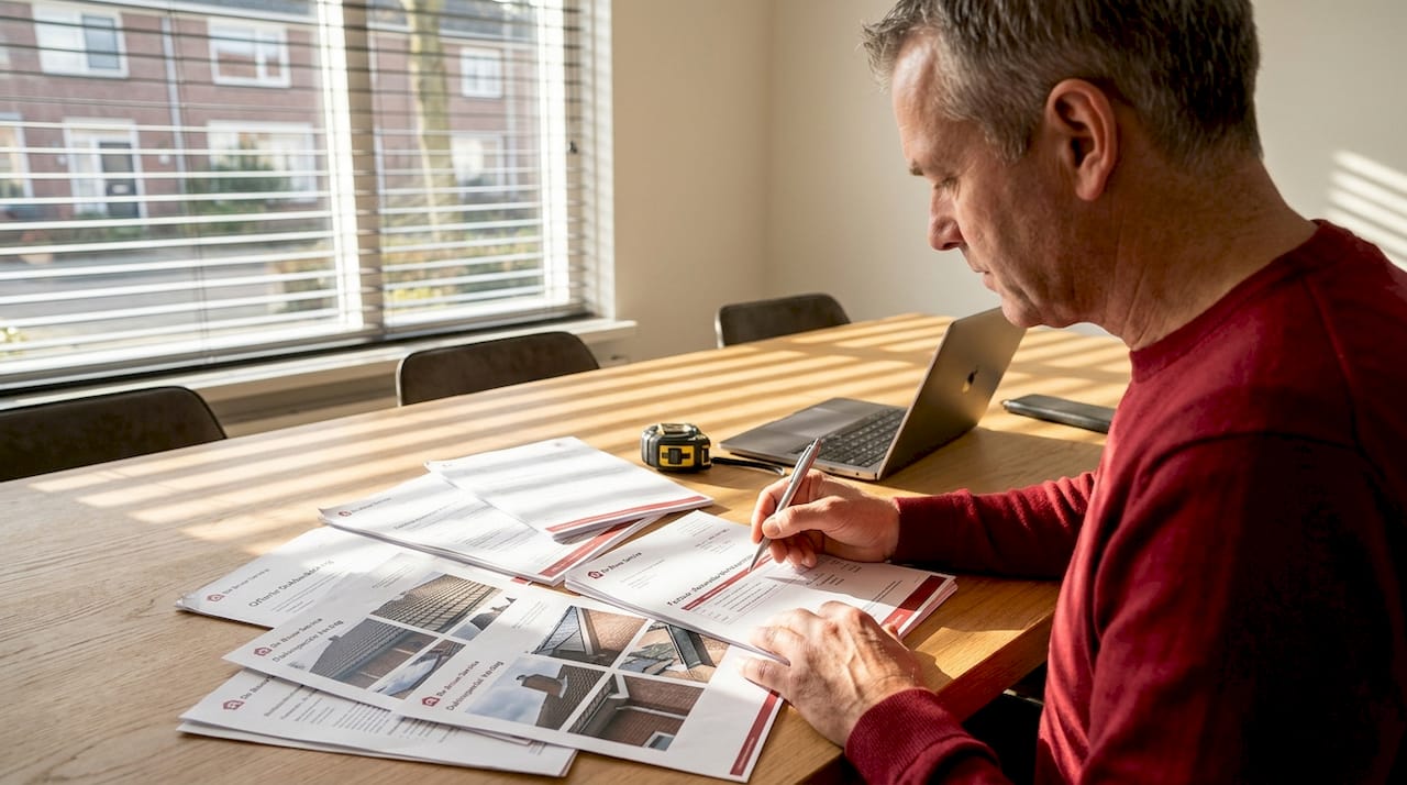 De huiseigenaar legt alle papieren voor de dakrenovatie overzichtelijk op tafel in de eetkamer.