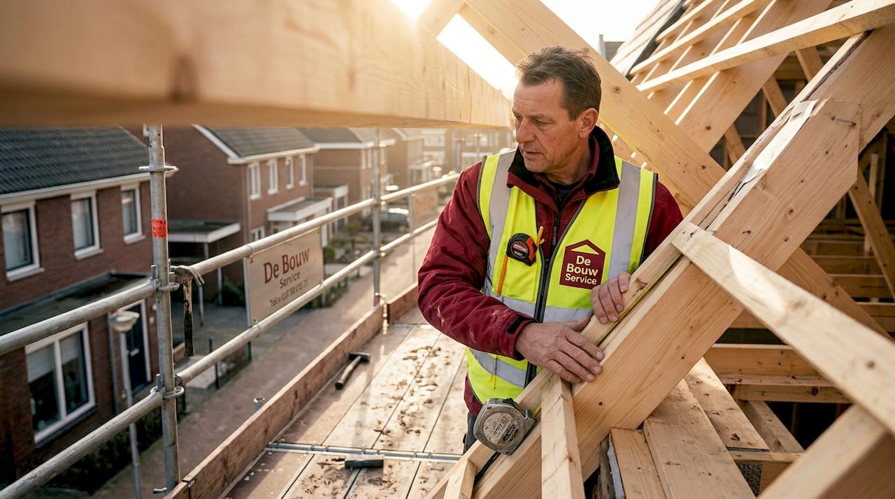 Een dakdekker controleert de houten draagconstructie van het dak terwijl hij op de steiger staat.
