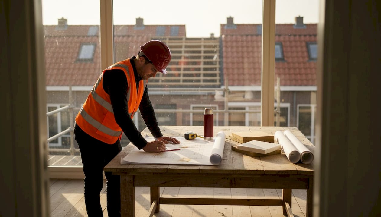 De werkvoorbereider loopt de planning voor de dakrenovatie nog eens zorgvuldig door.