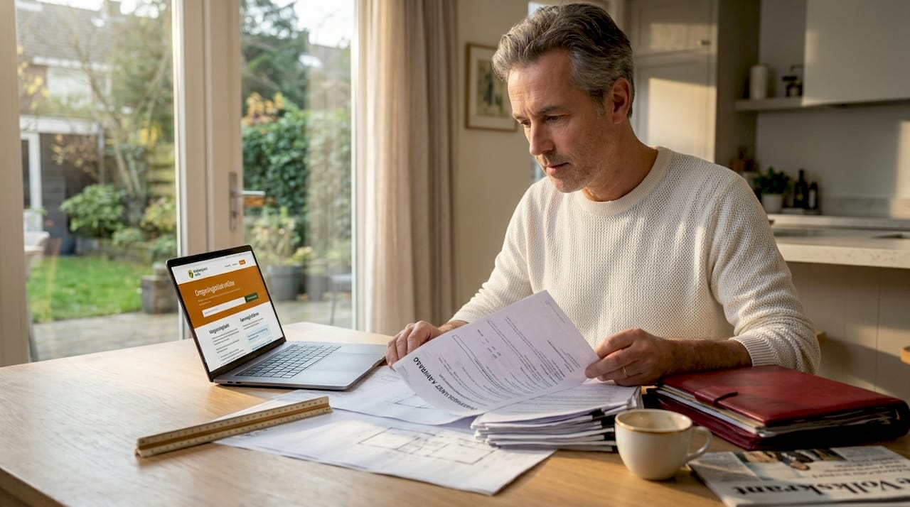 Een man bestudeert bouwplannen op zijn laptop.